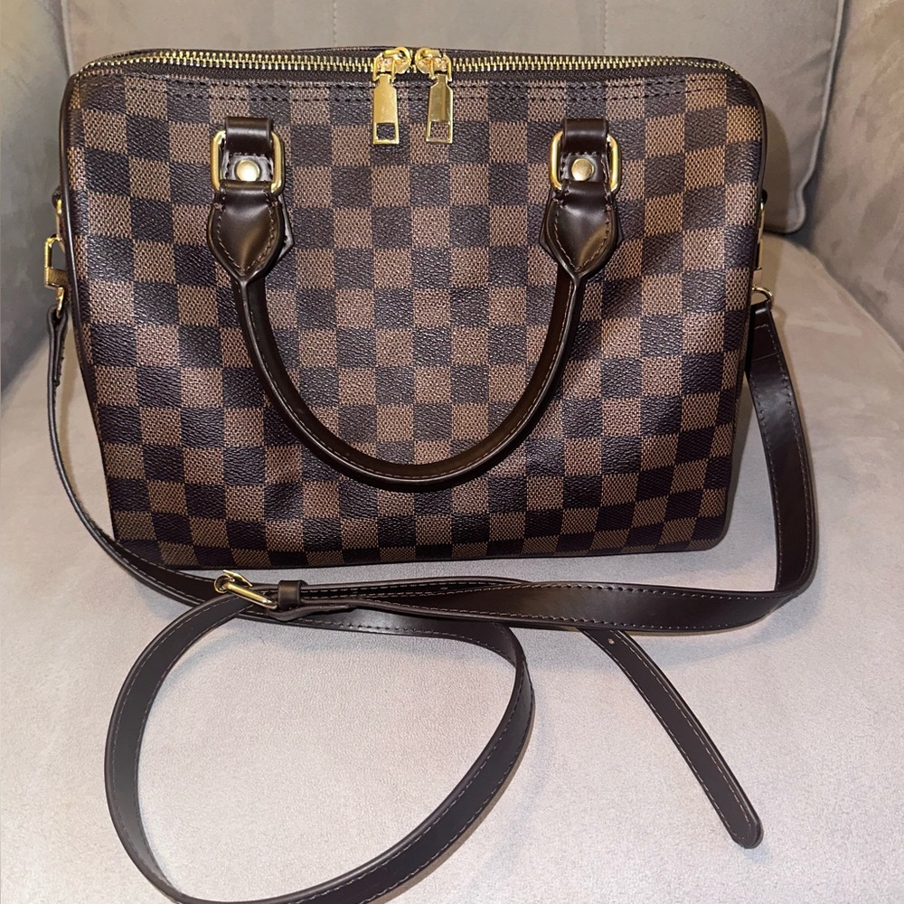 Brown Checkered checked Crossbody Satchel Top Handle Handbag